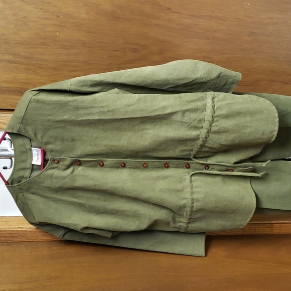 Olive green faux suede tie waist tunic and elastic waist pants. - Picture 2 of 2
